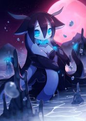 Rule 34 | 1girl, animal ears, blue eyes, blue skin, blue theme, cephalopod eyes, colored skin, fewer digits, full moon, highres, horns, long hair, looking at viewer, masyu ori, monster girl, moon, multicolored skin, night, night sky, original, parted lips, red moon, red sky, sky, solo, star (sky), starry sky, tentacle hair, two-tone skin, very long hair, wet, white skin