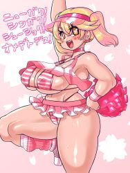 Rule 34 | 1girl, absurdres, blonde hair, breasts, brown eyes, cleavage, curvy, earrings, heart, heart-shaped pupils, highres, jewelry, large breasts, minami aomori, miniskirt, open mouth, plump, pom pom (cheerleading), shoes, short eyebrows, skirt, sneakers, solo, sweat, symbol-shaped pupils, thick thighs, thighs, twintails, visor cap