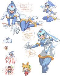 Rule 34 | 1boy, 2girls, andorlier, android, armor, artist name, blowing kiss, blue armor, blue eyes, blue footwear, blue helmet, blush, boots, chibi, commentary request, crop top, dress, fairy leviathan (mega man), heart, highres, mega man (classic), mega man (series), mega man zero (series), multiple girls, no nose, red dress, roll (mega man), simple background, speech bubble, thigh boots, translation request, white background, zero(z) (mega man), zero (mega man)