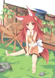 Rule 34 | 1girl, ahoge, animal ears, ascot, barefoot, between legs, blush, bow, brown dress, commentary request, day, dress, flower, fox ears, fox girl, fox tail, grass, hair between eyes, hair ribbon, hand between legs, highres, jewelry, kushida you, leaf, looking at viewer, on grass, one side up, original, outdoors, parted lips, pendant, red eyes, red hair, ribbon, sailor dress, sitting, soles, solo, spread legs, stone, tail, v arms, wagon, white bow, yellow ascot, yellow flower, yellow ribbon