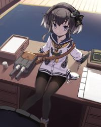 Rule 34 | 1girl, adapted turret, anchor, anchor symbol, black hair, black pantyhose, brown eyes, commentary request, desk, dress, gradient hair, hairband, hat, headgear, kantai collection, long hair, looking at viewer, mini hat, multicolored hair, neckerchief, pantyhose, sailor collar, sailor dress, short hair, short hair with long locks, sidelocks, sitting, smile, solo, tokitsukaze (kancolle), tokumaro, turret, two side up