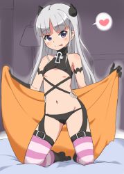 Rule 34 | 10s, 1girl, :q, armpits, blanket, blush, breasts, bubukka, gloves, heart, horns, long hair, looking at viewer, naruse maria, navel, purple eyes, shinmai maou no testament, silver hair, small breasts, smile, solo, spoken heart, striped clothes, striped thighhighs, thighhighs, tongue, tongue out