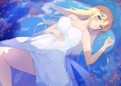 Rule 34 | 1girl, absurdres, blonde hair, blue eyes, blush, breasts, closed mouth, dress, hair ornament, hairclip, halter dress, halterneck, highres, huge filesize, huion, large breasts, long hair, looking at viewer, lying, original, petals, short dress, sleeveless, sleeveless dress, smile, solo, spaghetti strap, straight hair, sundress, taracomax, water, white dress