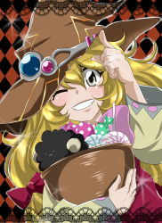 Rule 34 | 1girl, absurdres, beryl benito, blonde hair, blush, candy, food, freckles, grey eyes, grin, hat, highres, long hair, one eye closed, open mouth, ribbon, smile, tales of (series), tales of hearts, wink, witch hat