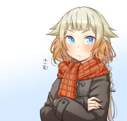 Rule 34 | 1girl, blonde hair, blue background, blue eyes, blush, brown coat, cevio, coat, crossed arms, gradient background, long hair, looking at viewer, one (cevio), ponytail, red neckwear, scarf, shiyoheee, sidelocks, sleeves past fingers, sleeves past wrists, solo, translation request, white background