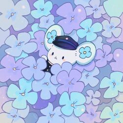 Rule 34 | ace attorney, animal, animalization, black headwear, black jacket, blue eyes, blue flower, blush stickers, buttons, chuunosuke (ace attorney), clothed animal, field, flower, flower field, hat, highres, jacket, ke ly, mouse (animal), no humans, peaked cap, purple flower, the great ace attorney, white fur