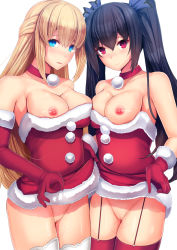 Rule 34 | 2girls, bare shoulders, black hair, blonde hair, blue eyes, blush, breasts, censored, christmas, cleavage, clothes lift, clothes pull, commentary request, daiaru, dress, dress lift, dress pull, elbow gloves, fur trim, garter straps, gloves, hair ribbon, highres, large breasts, long hair, looking at viewer, mosaic censoring, multiple girls, neptune (series), nipples, no panties, noire (neptunia), pussy, pussy juice, red dress, red eyes, red legwear, ribbon, santa costume, sleeveless, smile, strapless, strapless dress, thighhighs, tube dress, twintails, vert (neptunia)