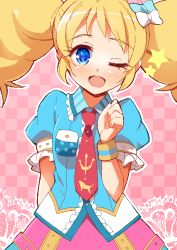 Rule 34 | 10s, 1girl, 9law, ;d, aikatsu!, aikatsu! (series), bad id, bad pixiv id, blonde hair, blue eyes, blush, bow, checkered background, hair bow, looking at viewer, necktie, oekaki, one eye closed, open mouth, pink background, saegusa kii, short hair, smile, solo, star (symbol), twintails, wink