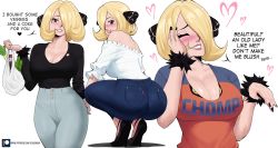 Rule 34 | 1girl, absurdres, alternate hair length, alternate hairstyle, ass, bare shoulders, blonde hair, blue eyes, blush, breasts, cleavage, closed eyes, creatures (company), cynthia (pokemon), denim, echo saber, english text, from behind, game freak, hair ornament, hair over one eye, highres, jeans, large breasts, looking at viewer, looking back, nintendo, pants, parted lips, pokemon, shiny skin, short hair, sideboob, smile, solo, squatting