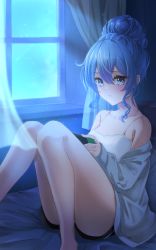 Rule 34 | 1girl, absurdres, blue eyes, blue hair, camisole, collarbone, curtains, hair between eyes, hair bun, highres, hololive, hoshimachi suisei, jacket, jacket partially removed, looking at viewer, medium hair, night, nintendo switch, off shoulder, parted lips, shorts, sitting, solo, star (symbol), star in eye, symbol in eye, thighs, tilu, virtual youtuber, window