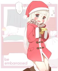 Rule 34 | !?, 1girl, bed, blush, boots, check translation, christmas, coat, embarrassed, english text, flying sweatdrops, fur trim, genderswap, genderswap (mtf), gloves, grey eyes, hat, highres, holding, holding paper, long hair, non (wednesday-classic), open mouth, original, oversized clothes, paper, sack, santa claus, santa costume, santa hat, scarf, sleeping, sleeves past wrists, solo, speech bubble, sweatdrop, text focus, translation request, white hair, zzz