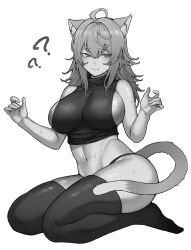 Rule 34 | 1girl, ?, ??, ahoge, animal ears, blush, breasts, cat ears, cat girl, cat tail, cropped sweater, full body, greyscale, highres, hololive, inamimi (sheep1733), large breasts, long hair, looking at viewer, monochrome, navel, nekomata okayu, panties, sideboob, smile, solo, tail, thighhighs, underwear, virtual youtuber