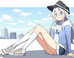 Rule 34 | 1girl, absurdres, alternate costume, blue eyes, blue hat, blue jacket, cityscape, converse, denim, denim shorts, flat cap, full body, hat, hibiki (kancolle), highres, jacket, kantai collection, kneehighs, long hair, looking at viewer, nel-c, shoes, shorts, silver hair, sitting, sneakers, socks, solo, sweater, white footwear, white socks, white sweater