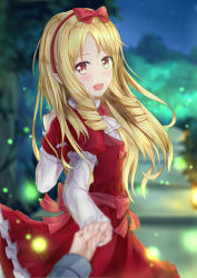 Rule 34 | 1girl, :d, blonde hair, blurry, blurry background, blurry foreground, bow, brown eyes, dress, eromanga sensei, floating hair, hair bow, hairband, highres, holding hands, layered sleeves, long hair, long sleeves, looking at viewer, muwa12, night, open mouth, outdoors, pointy ears, red bow, red dress, red hairband, short over long sleeves, short sleeves, smile, standing, yamada elf