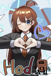 Rule 34 | 1girl, ahoge, black jacket, blue eyes, blush, brown hair, brown necktie, character name, closed mouth, collared shirt, hair ornament, hairclip, heart, heart hands, highres, hod (project moon), jacket, lobotomy corporation, long hair, long sleeves, necktie, one eye closed, ppanglatte, project moon, shirt, smile, solo, white shirt, wing collar
