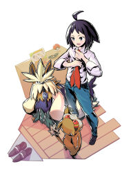 Rule 34 | 1boy, 1girl, :d, absurdres, ahoge, belt, bianca (pokemon), black hair, black socks, blue eyes, bright pupils, brown footwear, cheren (pokemon), collared shirt, colored sclera, commentary request, creatures (company), denim, dog, drawing (object), dressing, from above, game freak, gen 5 pokemon, highres, holding, indoors, jeans, kakashino kakato, looking at another, looking up, mouth hold, necktie, nintendo, open mouth, pants, patrat, picture frame, poke ball, poke ball (basic), pokemon, pokemon (creature), pokemon bw2, red necktie, red sclera, shirt, shoes, short hair, simple background, sleeves rolled up, smile, snout, socks, stoutland, teeth, unworn shoes, whiskers, white background, white pupils, white shirt, wooden floor