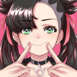 Rule 34 | 1girl, asymmetrical bangs, black choker, black hair, choker, close-up, closed mouth, commentary request, creatures (company), fingersmile, game freak, green eyes, hair ribbon, hands up, highres, looking at viewer, marnie (pokemon), nintendo, pendant choker, pink background, pink ribbon, pokemon, pokemon swsh, portrait, ribbon, smile, solo, twintails, two side up, uyumaru art