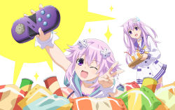 Rule 34 | 2girls, artist request, blush, breasts, choker, controller, d-pad, d-pad hair ornament, hair between eyes, hair ornament, happy, holding, holding controller, long hair, looking at viewer, lying, multiple girls, nepgear, neptune (neptunia), neptune (series), official art, on stomach, one eye closed, open mouth, purple eyes, purple hair, short hair, siblings, sidelocks, sisters, small breasts, smile, v
