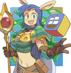 Rule 34 | 1girl, animal ears, armor, blue hair, breasts, brown gloves, cape, choker, circlet, crop top, fang, fantasy, gloves, green choker, green eyes, holding, holding staff, long hair, looking at viewer, map, medium breasts, midriff, mizuno (okn66), open mouth, pouch, rabbit ears, rpg maker, ship, solo, staff, watercraft