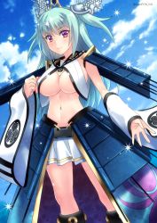 Rule 34 | 1girl, aqua hair, breasts, cloud, commentary request, day, detached sleeves, hair ornament, highres, large breasts, long hair, miniskirt, nagoya (oshiro project), navel, no bra, oshiro project:re, oshiro project:re, pleated skirt, sato-pon, skirt, sky, solo, underboob