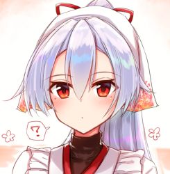 Rule 34 | 1girl, ?, apron, black undershirt, blush, commentary request, fate/grand order, fate (series), hair between eyes, head scarf, kappougi, long hair, o h miona, ponytail, red eyes, silver hair, solo, speech bubble, spoken question mark, tenugui, tomoe gozen (fate), turtleneck