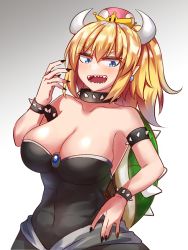 Rule 34 | 1girl, :d, armlet, armpits, bare arms, bare shoulders, black collar, black dress, black nails, blonde hair, blue eyes, blush, borrowed design, bowsette, bracelet, breasts, cleavage, collar, collarbone, commentary request, covered navel, crown, dress, earrings, eyelashes, eyes visible through hair, fingernails, forked eyebrows, half-closed eyes, hand on own hip, hand up, horns, jewelry, large breasts, long fingernails, long hair, looking at viewer, mario (series), nail polish, new super mario bros. u deluxe, nintendo, ohitashi netsurou, open mouth, pointy ears, ponytail, sanpaku, sharp fingernails, sharp teeth, slit pupils, smile, solo, spiked armlet, spiked bracelet, spiked collar, spikes, strapless, strapless dress, super crown, teeth, thick eyebrows, turtle shell, upper body, v-shaped eyebrows