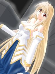 Rule 34 | 00s, 1girl, archetype earth, arcueid brunestud, bare shoulders, blonde hair, breasts, cleavage, dress, hemo 32, large breasts, long hair, red eyes, solo, strapless, strapless dress, tsukihime