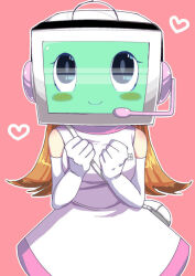 Rule 34 | 1girl, alt (pop&#039;n music), blush, blush stickers, breasts, brown hair, dress, elbow gloves, gloves, headphones, headset, heart, long hair, m no hito, medium breasts, mouse (computer), object head, pink background, pop&#039;n music, robot, robot girl, simple background, smile, solo, white dress, white gloves