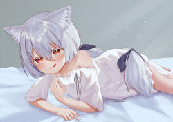 Rule 34 | 1girl, :3, :q, absurdres, amagami nico, animal ears, bad id, bad pixiv id, bare legs, bare shoulders, commission, dress, fox ears, fox girl, fox tail, fue (lars0713), highres, indie virtual youtuber, long hair, low ponytail, off-shoulder dress, off shoulder, red eyes, short sleeves, skeb commission, tail, tongue, tongue out, virtual youtuber, white dress, white hair