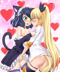 Rule 34 | 10s, 2girls, black hair, blonde hair, blush, breasts, cyan (show by rock!!), glasses, green eyes, heart, highres, kurobuchi kintobi, long hair, multiple girls, nipples, no panties, open mouth, pussy, pussy juice, retoree (show by rock!!), saliva, show by rock!!, small breasts, smile, tail, tongue, tongue out, uncensored, yellow eyes, yuri