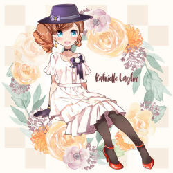 Rule 34 | 1girl, :d, alternate hairstyle, black choker, black gloves, black pantyhose, blue eyes, blush, bow, brown hair, character name, choker, dress, earrings, floral background, flower, full body, gloves, hat, hat bow, high heels, jewelry, katrielle layton, kawanobe, layton&#039;s mystery journey, level-5, looking at viewer, open mouth, pantyhose, professor layton, purple bow, purple hat, red footwear, sitting, skirt, smile, solo, white dress, white skirt