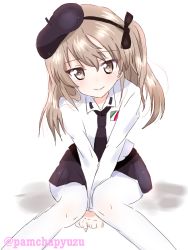 Rule 34 | 10s, 1girl, alternate costume, anzio school uniform, arm support, beret, black hat, black necktie, black ribbon, black skirt, brown eyes, closed mouth, commentary, dress shirt, emblem, girls und panzer, hair ribbon, hat, leaning forward, light brown hair, long hair, long sleeves, looking at viewer, miniskirt, necktie, one-hour drawing challenge, pamchapyuzu, pantyhose, pleated skirt, ribbon, school uniform, shimada arisu, shirt, side ponytail, sitting, skirt, smile, solo, twitter username, v arms, white pantyhose, white shirt