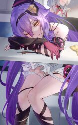 Rule 34 | 2girls, absurdres, crying, crying with eyes open, gloves, hair between eyes, highres, honkai (series), honkai impact 3rd, indoors, legs, long hair, multiple girls, nagonako, one eye closed, parted lips, pink gloves, purple hair, ribbon, sirin, sirin (miracle magical girl), sitting, solo, standing, tears, theresa apocalypse, theresa apocalypse (sakuno rondo), white gloves, yellow eyes, yellow ribbon
