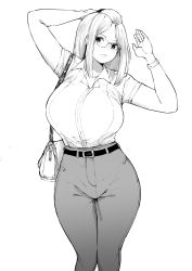 Rule 34 | 1girl, arm behind head, arms up, bag, bangs pinned back, belt, black belt, bracelet, breasts, casual, closed mouth, collared shirt, commentary, cowboy shot, curvy, english commentary, folded hair, glasses, greyscale, hair pulled back, handbag, highres, inne sulistya robin, jewelry, large breasts, looking at viewer, monochrome, norman maggot, original, pants, shirt, short sleeves, simple background, solo, standing, white background, white shirt, wide hips