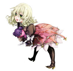 Rule 34 | 1girl, :d, blonde hair, boots, bow, creature, dress, elize lutus, frills, full body, green eyes, happy, high heel boots, high heels, kmikan, leaning forward, open mouth, purple footwear, ribbon, short hair, smile, tales of (series), tales of xillia, teepo (tales)