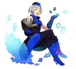 Rule 34 | 1girl, atlus, bad id, bad pixiv id, bare shoulders, boots, card, dress, elizabeth (persona), gloves, hat, jerun, crossed legs, pantyhose, persona, persona 3, short hair, sitting, sleeveless, sleeveless dress, smile, solo, white hair, yellow eyes