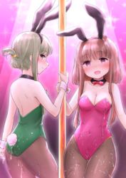 Rule 34 | 2girls, alternate costume, animal ears, back, blush, bow, breasts, brown hair, choker, cleavage, commentary request, cowboy shot, cum, cum on body, empty eyes, fake animal ears, fake tail, folded ponytail, gradient background, green eyes, green hair, highres, leotard, looking at viewer, multiple girls, navel, nishida satono, open mouth, pantyhose, pink background, pink bow, playboy bunny, pole, pole dancing, purple eyes, rabbit ears, rabbit tail, short hair with long locks, smile, sparkle, spotlight, tail, teireida mai, touhou, wamu (chartreuse), wrist cuffs