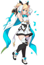 Rule 34 | 1girl, ahoge, armpits, black dress, black footwear, black gloves, black thighhighs, blonde hair, blue bow, blue eyes, bow, breasts, celtie (world flipper), commentary request, detached sleeves, dress, footwear bow, gloves, hair ornament, holding, long hair, shiseki hirame, shoes, simple background, small breasts, smile, solo, split mouth, thighhighs, two side up, white background, white dress, white sleeves, world flipper