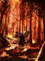 Rule 34 | 1boy, burning, burning forest, butterfly wings, facing away, fate/grand order, fate (series), forest, from behind, full body, highres, insect wings, nature, oberon (fate), orange theme, painterly, perspective, scenery, solo, spread wings, standing, t0da, tree, wings