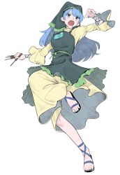 Rule 34 | 1girl, angry, apron, blue eyes, blue hair, blue nails, chisel, dress, frogsnake, green apron, green headwear, green hood, haniyasushin keiki, head scarf, long hair, looking at viewer, nail polish, open mouth, sandals, shouting, simple background, single strap, solo, teeth, tools, touhou, upper teeth only, white background, wood carving tool, yellow dress