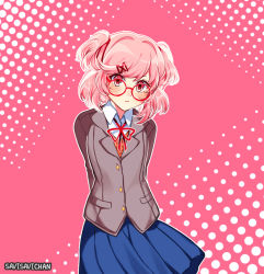 Rule 34 | 1girl, arms behind back, artist name, bespectacled, blue skirt, commentary, doki doki literature club, english commentary, frown, glasses, looking at viewer, medium hair, natsuki (doki doki literature club), outline, pink background, pink eyes, pink hair, pleated skirt, red-framed eyewear, round eyewear, savi (byakushimc), school uniform, simple background, skirt, solo, two side up, white outline