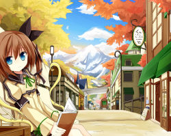 Rule 34 | 1girl, bench, blue eyes, blue sky, book, brown hair, building, carriage, city, cloud, day, hair ribbon, lamppost, long hair, looking at viewer, lucena winter, mountain, original, ribbon, side ponytail, sitting, sky, solo, yuuhagi (amaretto-no-natsu)