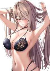 Rule 34 | 1girl, armpits, arms behind head, arms up, bare shoulders, benghuai xueyuan, bikini, black bikini, breasts, cleavage, floral print, gold trim, hair over one eye, highres, honkai (series), honkai impact 3rd, large breasts, long hair, looking at viewer, match (scp115), midriff, o-ring, o-ring top, red eyes, rita rossweisse, rose print, sideboob, simple background, solo, stomach, swimsuit, upper body, very long hair, white background, yuuki aoi