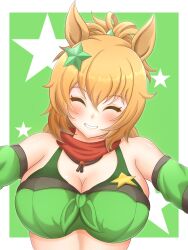 Rule 34 | 1girl, animal ears, bandana, blue eyes, blush, breasts, brown hair, cleavage, closed eyes, commentary request, front-tie top, green background, grin, hair ornament, highres, horse ears, horse girl, kii 960, large breasts, medium hair, ponytail, red bandana, simple background, smile, solo, star (symbol), star hair ornament, taiki shuttle (umamusume), umamusume, upper body, white background