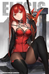 Rule 34 | 1girl, bad id, bad pixiv id, bare shoulders, black pantyhose, breasts, character name, choker, cleavage, crimson avenger (elsword), elbow gloves, elesis (elsword), elsword, gloves, long hair, pantyhose, parted lips, red eyes, red hair, sitting, sketch, solo, swd3e2, sword, thighhighs, weapon