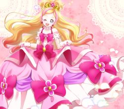 Rule 34 | 1girl, ;d, absurdres, blue eyes, bow, choker, cure flora, cure flora (mode elegant), curtsey, dress, dress bow, eyebrows, full body, gloves, go! princess precure, haruno haruka, highres, long hair, magical girl, mode elegant (go! princess precure), multicolored hair, one eye closed, open mouth, pink background, pink bow, pink dress, pink hair, pink theme, precure, smile, solo, streaked hair, thick eyebrows, two-tone hair, waist bow, yupiteru