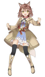 Rule 34 | 1girl, :d, amane rosylily, animal ear fluff, animal ears, belt, belt buckle, black thighhighs, blush, boots, brown belt, brown coat, brown eyes, brown footwear, brown hair, buckle, clenched hands, coat, collarbone, commentary request, criss-cross halter, dress, fang, fox ears, fox girl, fox tail, full body, halterneck, highres, knee boots, long sleeves, looking at viewer, open clothes, open coat, open mouth, original, sekira ame, simple background, smile, solo, standing, tail, thighhighs, white background, white dress