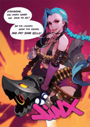 Rule 34 | 1girl, :p, akito1179, belt, black gloves, blue hair, braid, character name, english text, fingerless gloves, gloves, hairline, jewelry, jinx (league of legends), league of legends, long hair, nail polish, necklace, pink eyes, pink nails, rocket launcher, shorts, smirk, solo, speech bubble, tongue, tongue out, twin braids, weapon