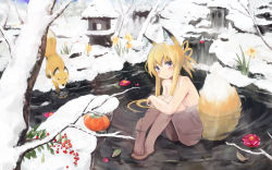 Rule 34 | 1girl, animal ears, barefoot, blonde hair, blue eyes, day, feet, flower, food, fox, fox ears, fox tail, fruit, highres, long hair, nude, onsen, original, outdoors, paprika shikiso, persimmon, ripples, sitting, snow, solo, stone lantern, submerged, tail, water