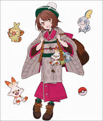 Rule 34 | 1girl, :d, adapted costume, backpack, bag, bob cut, boots, brown bag, brown eyes, brown footwear, brown hair, buttons, cable knit, character doll, creatures (company), full body, game freak, gen 8 pokemon, gloria (pokemon), green headwear, green socks, grookey, hakusai (tiahszld), hands up, hat, holding strap, japanese clothes, kimono, looking at viewer, nintendo, open mouth, pink kimono, plaid socks, poke ball symbol, pokemon, pokemon swsh, scorbunny, short hair, simple background, smile, sobble, socks, tam o&#039; shanter, white background